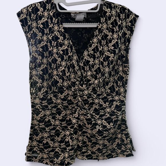 Vintage 90s Y2K style Romantic Gothic Brocade Lace Blouse - Black Gold | Size S - Picture 6 of 8